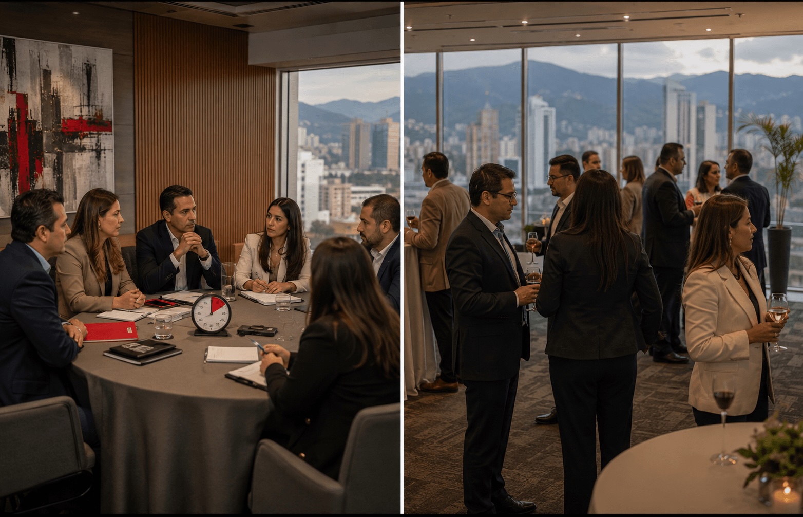 Diptico comparativo entre sesión BNI estructurada y networking informal en Bogotá