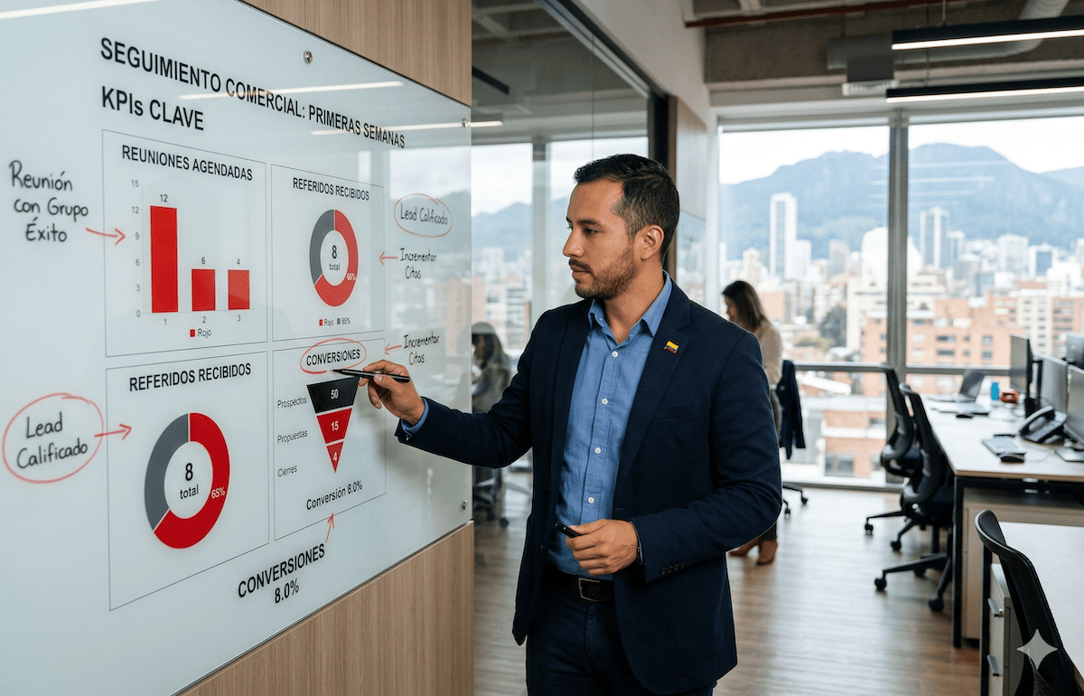 Empresario revisando seguimiento de referidos y reuniones uno a uno en tablero comercial.
