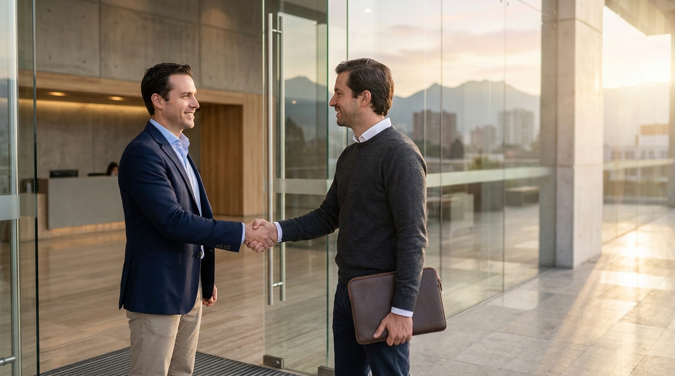 Dos empresarios haciendo networking en Bogotá, apretón de manos en edificio corporativo
