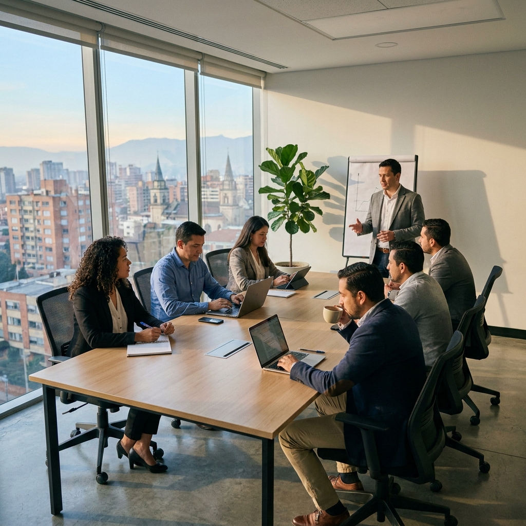 Sesión de trabajo en BNI La Colina, empresarios en sala de reuniones con vista a Bogotá
